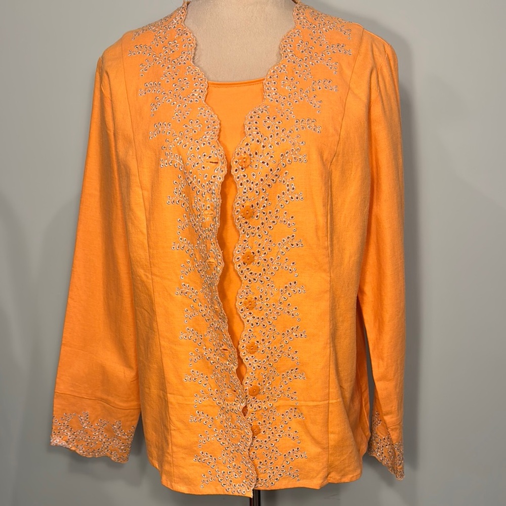 Susan Graver 2pc linen blend embroidered Cardigan and tank Top Set Size S